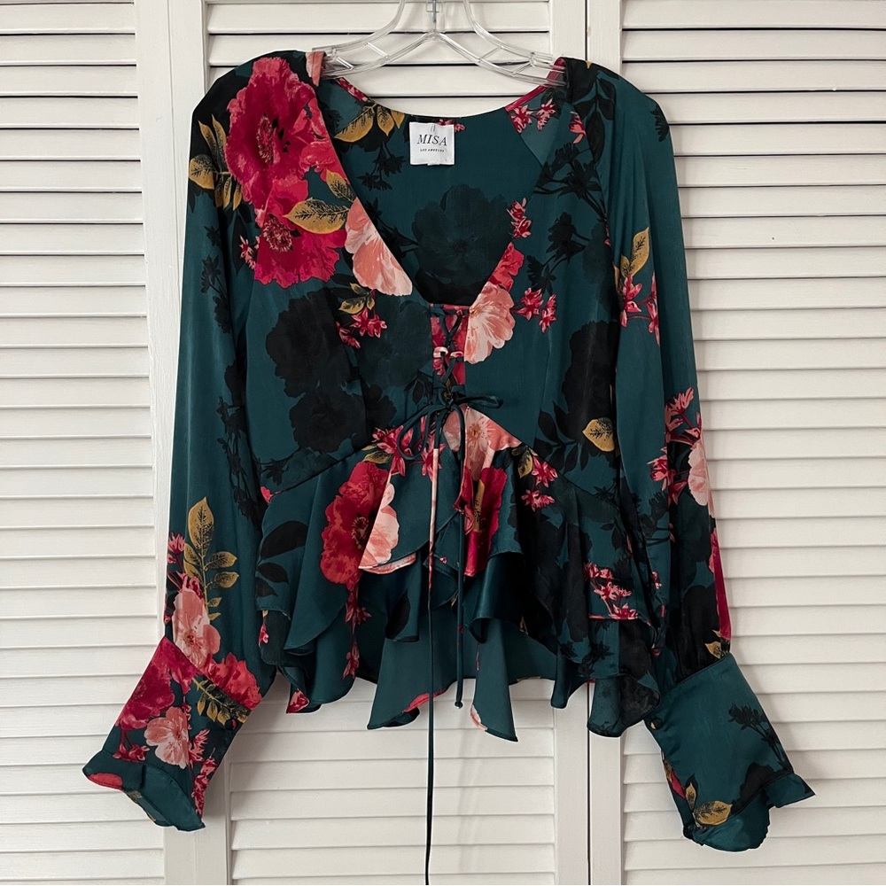 Misa Los Angeles green floral print ruffle peplum hem long sleeve blouse size S. - Picture 1 of 12